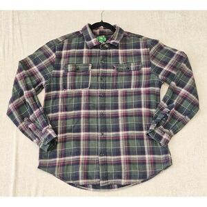 DIP Thick Flannel Shirt Men's Medium Green/Beige Plaid Button Up 100% Cotton